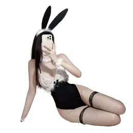 Lingerie sexy Donna Cosplay Abito da cameriera Pizzo trasparente Tuta sexy Biancheria intima da donna Bunny Girl Set Gioco di ruolo Costume erotico O6mA #