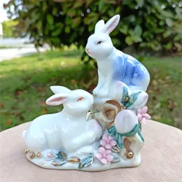 Heykeller rustik porselen şeftali tavşanı heykel seramik tavşan çift heykel ev kabini süs rafları dekor hediye zanaat aksesuarları