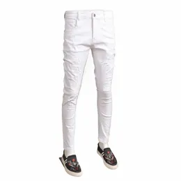 men's Slim Fit White Jeans Summer Ripped Jean Fi Streetwear Cott Elastic Distred Pants for Cowboys h0Cs#