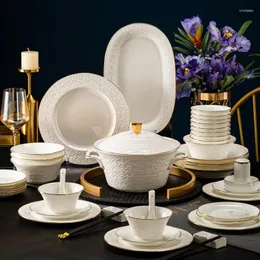 Dinnerware Sets Bone Porcelain Tableware For 10 People White Embossed High-end Sensory Plates Dishes And Household Light Luxury Gifts