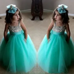Cute Turquoise Green Flower Girls Dresses Spaghetti Birthday Gowns Straps Crystal Beaded Tulle Toddler Pageant Dresses For Girls280y