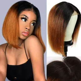 HD TransParnet Invisble Lace Bob Straight Lace Front Human Hair Wig Dark Roots 1B/30 Auburn Ouburn Ombre Colored Lace Frontal Wig Short Blunt Cut 150％10inch