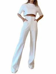 Summer White Women Women’s Suit Fi Round Neck Short Sleeve Brots Strain Broulms Solid Solid Stipe Set Set Ladies Suitsuit R8NH#
