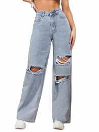 denimcolab 2023 Hole Wed Wide Leg Pants Jeans Women Loose Boyfriend Jeans 100% Cott Mom Jeans Casual Trousers Denim Pants n68I#