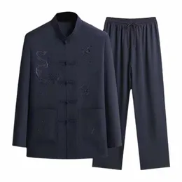 2 Pçs/set Homens Camisa Calças Definir Chinês Tang Terno Solto Cintura Elástica Perna Larga Homens de Meia Idade Pai Avô Top Calças Definir 80fu #