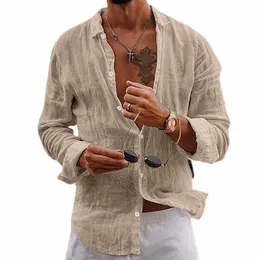 2024 New Linen Cott Men'S Shirts Lg Sleeve Lapel Loose Comfortable Male Blouse Spring Summer Solid Casual Shirt Men Clothing 83Yt#