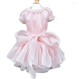 Abbigliamento per cani Vestiti fatti a mano Abito da principessa Forniture per animali Tessuto sexy setoso Splendido fiocco di seta rosa Accessori Collare di perle Un pezzo