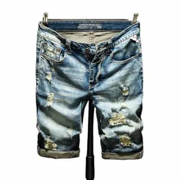 Jeans rasgados homens shorts jeans calças retro azul estiramento fino ajuste 2023 verão hip hop streetwear rasgado jeans para homem shorts l4xt #