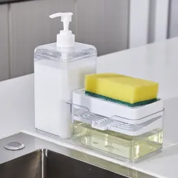 Racks Hand Press Dishes Dispenser Kitchen Countertop Soap Liquid Container with Sponge Holder Dishwashing Soap Pump Dispenser