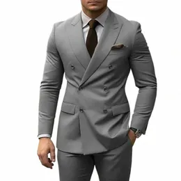 Neueste Blazer Hosen Design Slim Fit Anzüge Für Männer 2 Stück grau Zweireiher Bräutigam Hochzeit Smoking Kostüm Homme 24K2 #