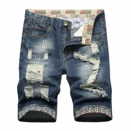 new Denim Shorts Jeans for Men Summer Ragged Fi Versatile Perforated Edges Perforated Hole Ripped Jeans Pants Plus Size 40 S4sO#