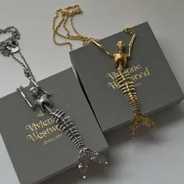 위성 Viviennes Viviane Westwood Necklace 고품질 소규모 토성 두개골 인어 뼈 인어 목걸이 고판