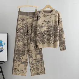 Kvinnors tvåbitar byxor Fashion Forest Tiger Mönster Sticked Two-Piece Set For Women vår Långärmad tröja med hög midja bredbens toppar