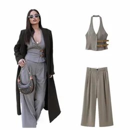 pbza 2024 Frühlingsneues Fi- und Eleganz-Set für Damen mit Gürtel, hängendem Hals, Tanktop und gerader Faltenhose a28T#