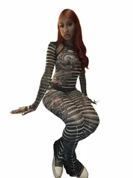 weird Puss Striped Print Women 2Piece Set Full Sleeve Bare Shoulder Crop Tops+Body-Sha Pants High Street Y2K Matching Suits 09tD#