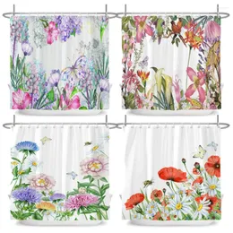 Cortinas de chuveiro Flor Borboleta Rosa Vermelha Pequena Cortina de Banheiro Fresca Frabic Poliéster Impermeável Com Ganchos