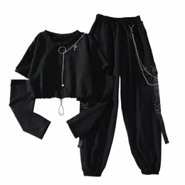 Весна-Осень женские брюки-карго в стиле Харадзюку, красивый крутой костюм из двух частей с цепочкой на рукавах Lg + брюки в рубчик c0xL #