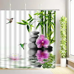 Duschvorhänge Zen grüner Bambusvorhang Lotus Orchidee Kolibri Blumen Pflanzen Schwarzer Stein Spa Natur Landschaft Stoff Badezimmer Dekor