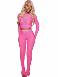 Beyprern feminino com nervuras treino de malha colheita superior e legging terno 2 peça conjunto casual o pescoço de malha conjunto de correspondência sexy clubwear d8ko #