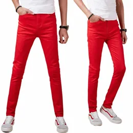 Skinny Jeans Men 2021 Korean FI Men Streetwear Thin Pencil Pants Stretch Pants Casual Red Clothes for Teenagers Byxor F2GG#