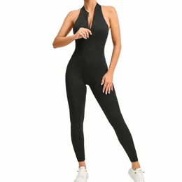 Sexig ihålig backl Scrunch Sporty Jumpsuit Raises Butt Woman Gym Set One Piece Sport Sport Sport ärm Zip Yoga Fitn Overalls Q062#