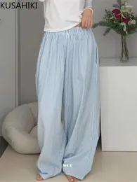 Frauen Hosen KUSAHIKI 2024 Frühling Koreanische Streifen Falten Elastische Taille Breite Bein Lässige Mode Würzige Mädchen Lange Hosen Pantalones Mujer