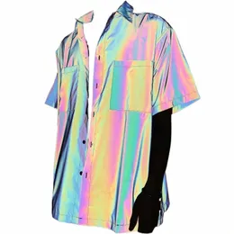 Весна-лето красочные светоотражающие мужские рубашки с коротким рукавом уличная хип-хоп панк-блузка мужская винтажная повседневная радуга светоотражающие рубашки 54Sv #
