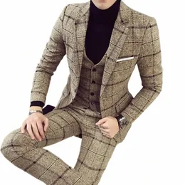 jackets+vest+pants 2022 Men plaid busin Blazers/Male slim fit pure cott three-piece suit/Man plaid groom dr M-5XL h68J#