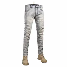 Fi Streetwear Men Jeans Retro Wed Light Blue Stretch Slim Fit Ripped Jeans Men Patched Vintage Designer Denim Pants J6f1＃