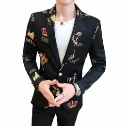 Пиджаки для мужчин 2021 Весенний костюм с принтом короны Мужской повседневный тонкий клубный сценический пиджак для певицы Мужской стильный формальный смокинг C9zd #