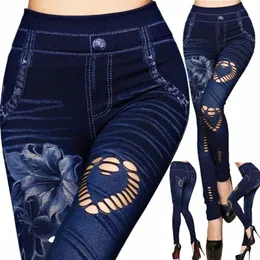 Heta sexiga kvinnor Jean Skinny Jeggings Pants High midje Leggings Female Print Ankle-Length Slim Legging Fitn Plus Size J8DX#