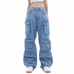American New Goth Pocket Solid Kolor Jeans Kobiety Y2K Street Retro Retro punk Punk Style Para szerokopasmowe spodnie mop dżinsy żeńskie p1at#