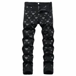 black Men's Digital Print Cott Jeans Mid-Waist Casual Hip Hop Pants Street Bike Fi Clothing C6kc#