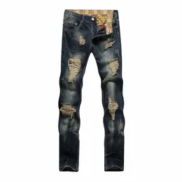 Original varumärke Men's Denim Pants Men Biker Cowboy Trousers Hip Hop Jeans Broken Fi New Design Straight Ripped Jeans Cott A6Q0#