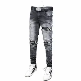Street Fi Мужские джинсы Стрейч-эластичные узкие рваные джинсы Мужские ретро Черные серые кожаные заплатки Дизайнерские хип-хоп Брендовые брюки u9RB #