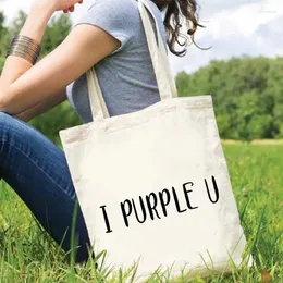 حقيبة I Purple u Print Ladies Thorping Tote Fashion Cotton Cotton Shopper Eco Friendly Retusable Resulable C.vas for Women