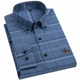 camicia da uomo Pure Cott Oxford ricamato cavallo casual senza tasca tinta unita manica Lg blu Dr camicia da uomo Plus Size 5XL 6XL C60R #