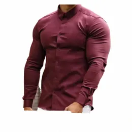 men's Spring Fall New Muscle Fitn Sports Busin Shirts Profial Work Anti-wrinkle High Elastic Slim Lg-sleeved Shirt R1BN#