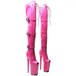Buty taneczne Leecabe 23 cm/9 cali błyszcząca pu patent mały otwarte palec mody Lady High Heel Platforme Boots