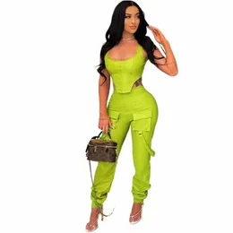 sexy PU Faux Leather 2 Piece Outfits for Women Party Club Matching Sets Crop Top Pockets Cargo Pants Sets Cjunto Femenino a6Zd#