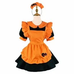 Halen ricamato cameriera Cospaly Costume Set calzino zucca cameriera uniforme pipistrello vampiro cameriera magica strega arancione nero J0Gr #