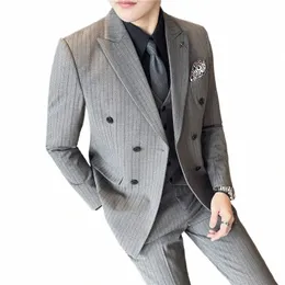 Blazer+Vest+Pants Groom Wedding Male Suit Luxury Brand fi Striped Men's Casual Busin Office Double Bestoded Suit T68n＃