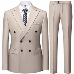 2023 Fi New Men Men's Casual Boutique Double Breadted Suiters / Man's Busin Suit Jacket Blazers Pants 2 PCS Set 49EE#