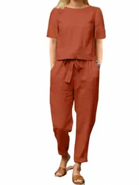 Zanzea 2023 Vintage Women Pant Set Summer Fi Kort ärm O Neck Top Wide Leg Pant 2st Set Casual Loose Party Home Suit F5Qs#