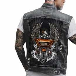 Herren Motorrad Biker Weste Big Wing Eagle Print Distred Hole Punk Rock Sleevl Denim Jacke Schwarz Streetwear Weste P5AX #