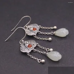 Kolczyki żyrandolowe Dangle Real Solid 925 Sterling Sier Natural Jade Butterfly Tassel Women Lucky Drop Relivery Jewelry OTD28