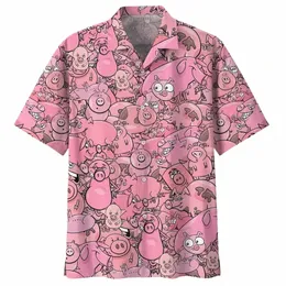 Camicia a maniche corte allentata casual estiva con stampa 3D stile hawaiano Pink Piglet Street Men q8Lu #