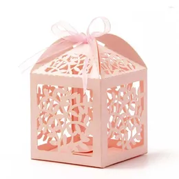 Present Wrap 50pc Pink Hollowed Laser Cut Leaf Paper Favor Gifts Candy Box With Ribbon Baby Shower Wedding Party Supplies