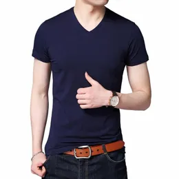 2023 TOPS Summer Brand 95 ٪ COTT 5 ٪ SPANDEX T Shirt for Men v Neck Plain Solid Solid Sleeve Short Disual Fi Mens Comples 85LX#