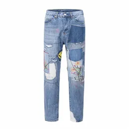 High Street Floral Stickerei Patchwork Zerrissene Blue Jeans Hosen für Männer Retro Gerade Casual Denim Hosen Übergroßen Jean O24m #